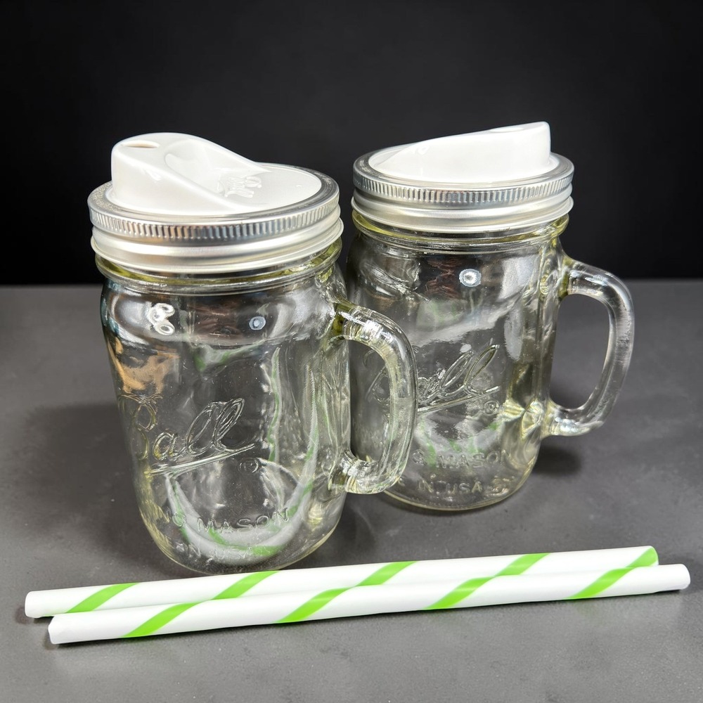 Ball Mason Jar Mug Set of 2 Clear Glass with Handles Sip Straw Lids 18oz Large